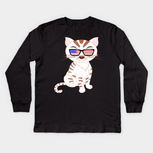 Cute Kitty Cat 4th July Usa American Flag Sunglasses Gift Kids Long Sleeve T-Shirt